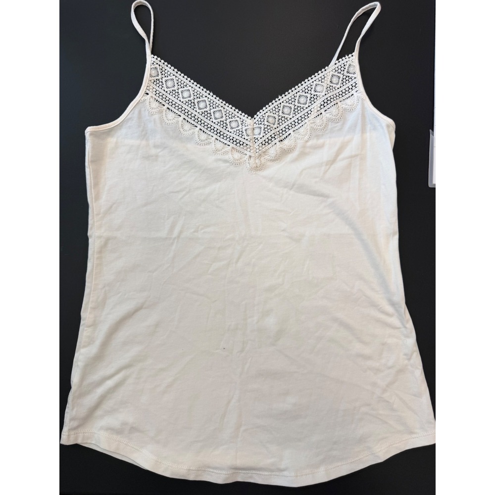 LOFT Women Ivory Lace Trim V-Neck Camisole Tank Size M Cotton Blend Stretch NWOT